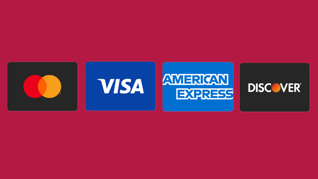 Mastercard, Visa, American Express, and Discover credit card logos on maroon background